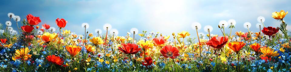 Obraz premium colorful spring flowers in a green grass meadow with sun rays,