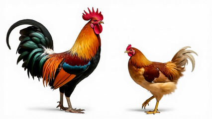 Fototapeta premium Colorful rooster and hen standing side by side in a vibrant display of feathers on a bright background