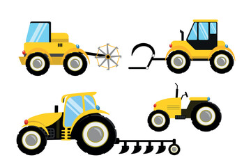 Set of tractor vehicles in cartoon style. Vector illustration of tractors of different shapes and sizes with plow,round cutter,cultivator isolated on white background. Agricultural machinery.Tillage.