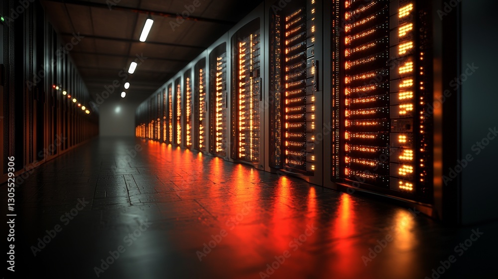 Poster a data center with an abstract background, featuring terminal storage of a database, a server room w