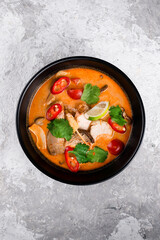 Thai dish tom yam. Traditional spicy soup top view