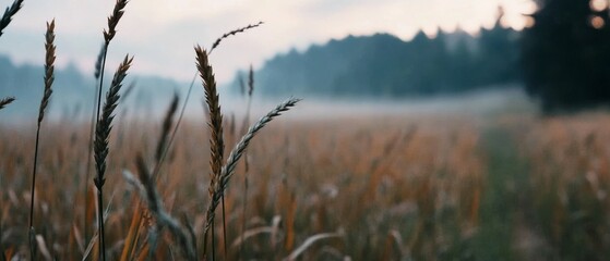 Obraz premium Stalks of wheat sway gently in a mist-covered field at dawn, creating a serene landscape where nature awakens softly to a new day.