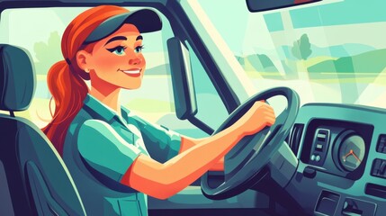 Happy ginger woman truck driver driving a truck.People and industrial transportation concept