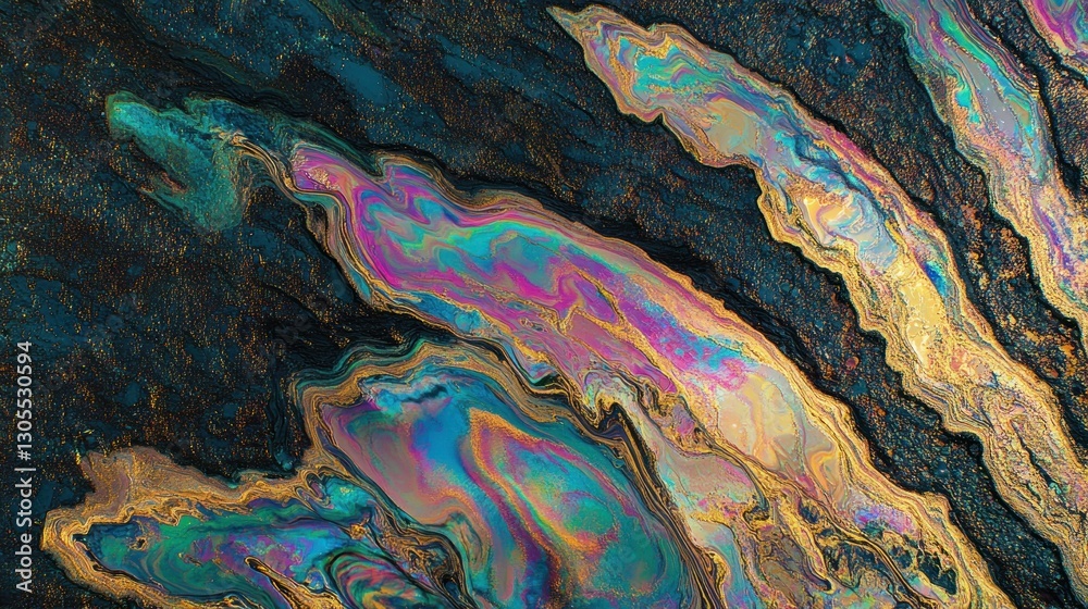 Poster colorful iridescent abstract art depicts flowing liquid patterns and textures