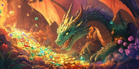 A majestic green dragon guarding its glittering treasure hoard in a cave