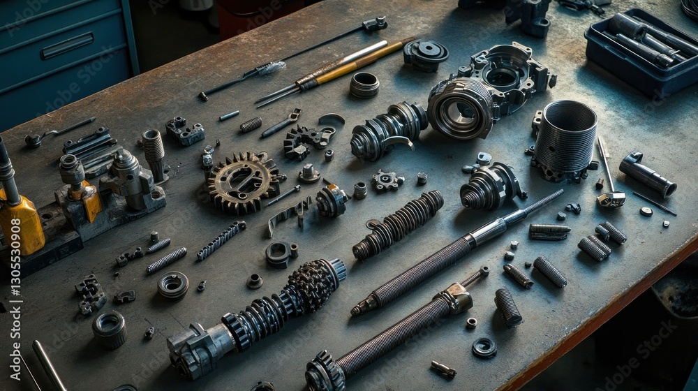 Poster A Collection Of Mechanical Parts Arranged On A Workshop Table