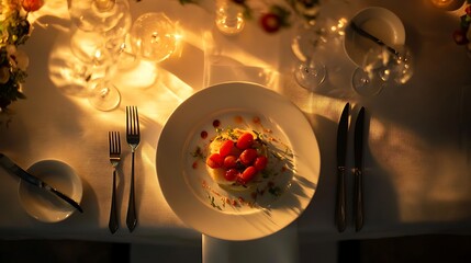 Michelin inspired table setting with exquisite plating white tablecloth polished silverware and a dish arranged like art under soft romantic lighting