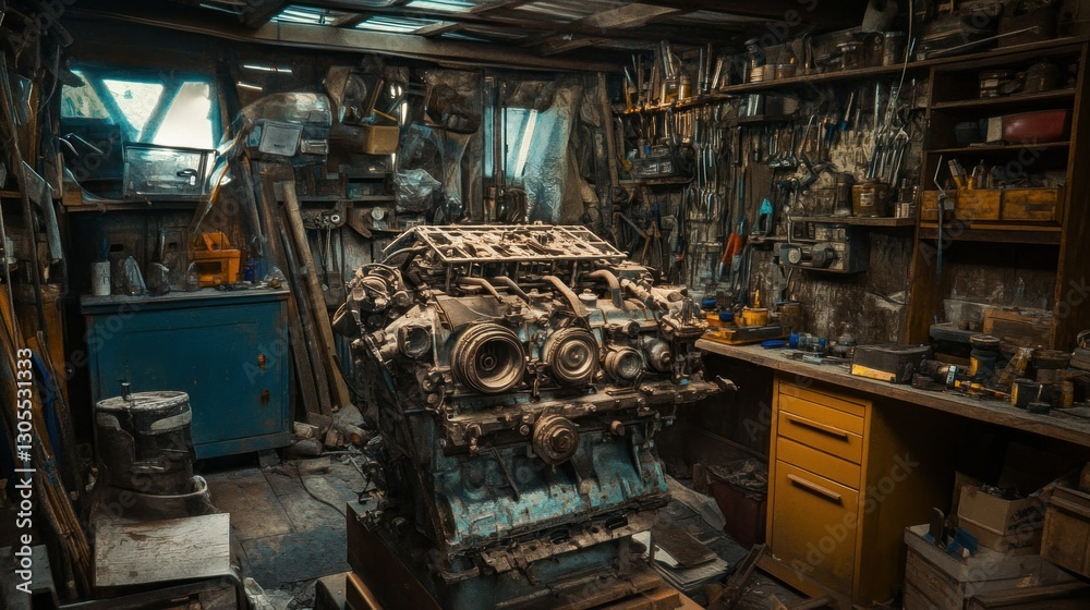 Poster a large engine sits inside an old workshop building