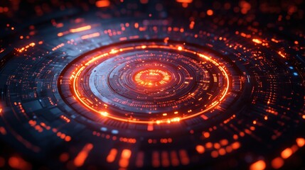 Futuristic circular interface glowing with orange light