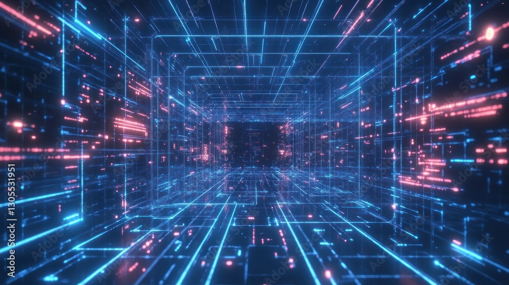 Poster Digital Grid Of Lines And Lights Shows Technological Progress