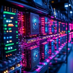 Obraz premium Modern data center with colorful server racks.
