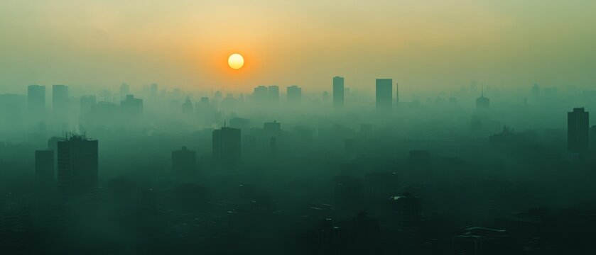 A sun dips behind a hazy city skyline, casting a dreamy, green-hued fog over silhouetted high-rises in this tranquil urban sunset.