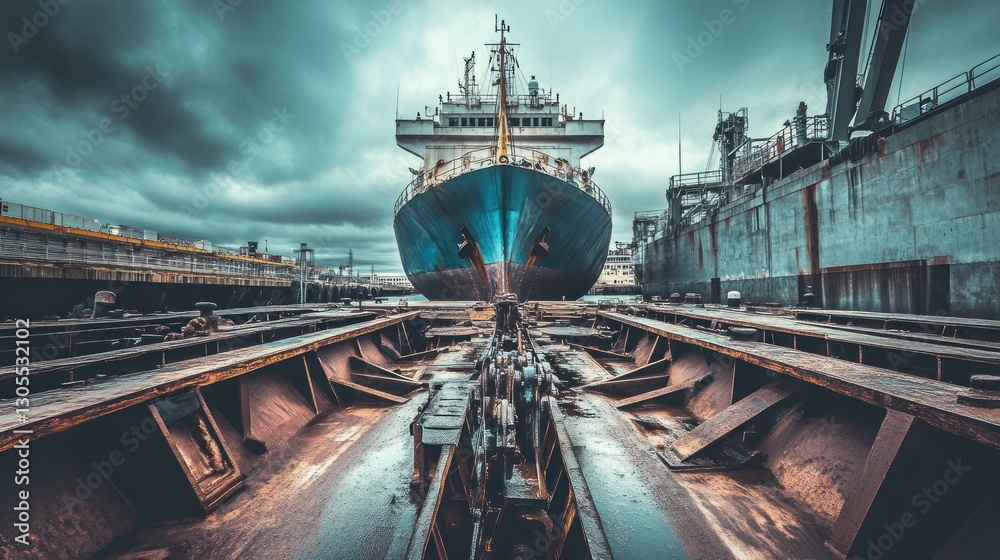 Poster a large ship resting on a dock under a gloomy sky