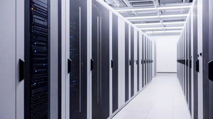 Obraz premium Modern data center with multiple server racks.