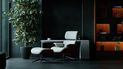 Modern office interior with chair, desk, and plant for stylish workspace design and decor