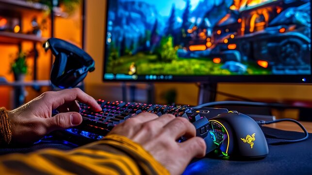 Close-up of hands using a colorful gaming keyboard and mouse while playing a video game indoors
