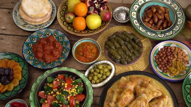 Ramadan Eid Muslim feast table with biryani, kebabs, stuffed grape leaves, dates, flatbread, baklava, and refreshing drinks, reflecting celebration, tradition, and family togetherness