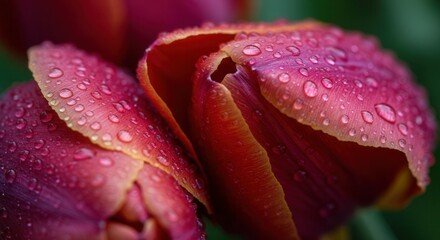 Close-up of Red Tulip Flowers with Water Droplets Sparkling