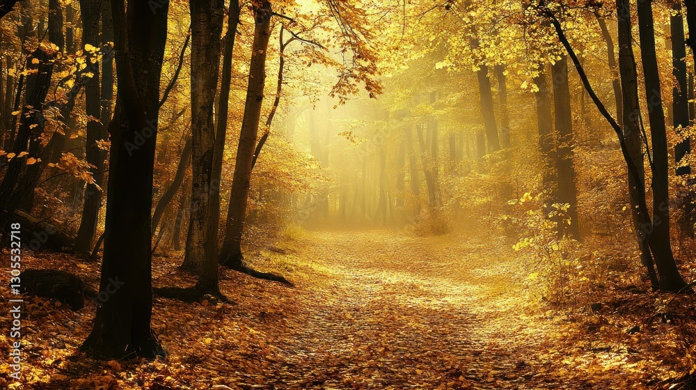 Poster a beautiful forest path illuminated by the gentle sunlight filtering through the leaves