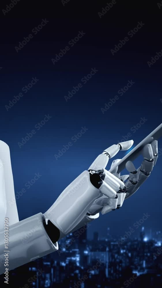 Poster robot hominoid use mobile phone or tablet for global network connection using ai thinking brain , ar