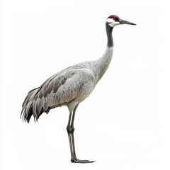 A tall crane with a elongated body and striking features stands against a plain background, showcasing its elegant stature and distinctive coloration.