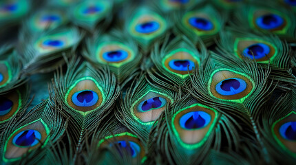 Obraz premium Macro Shot of Water Droplets on the Shimmering Tail Feathers of a Peacock