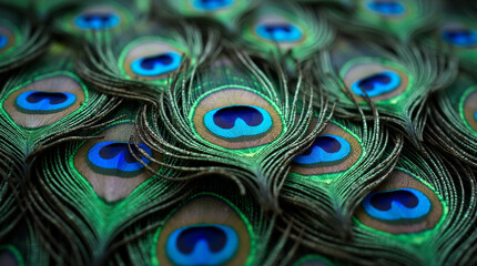 Obraz premium Macro Shot of Water Droplets on the Shimmering Tail Feathers of a Peacock