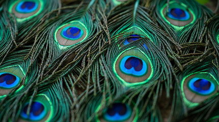 Obraz premium Macro Shot of Water Droplets on the Shimmering Tail Feathers of a Peacock