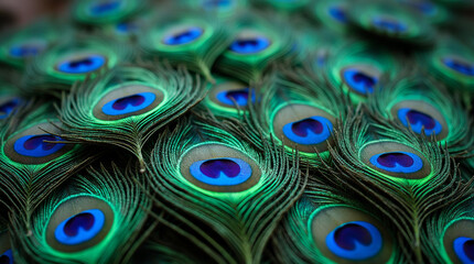 Obraz premium Macro Shot of Water Droplets on the Shimmering Tail Feathers of a Peacock