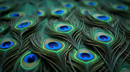Obraz premium Macro Shot of Water Droplets on the Shimmering Tail Feathers of a Peacock