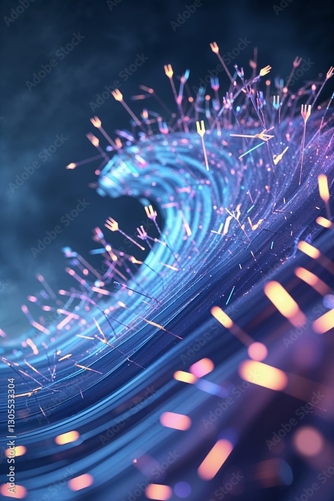 Poster dynamic wave of luminous particles creates a stunning visual display in an abstract ocean setting