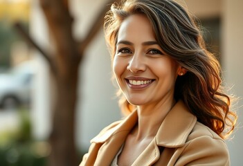 Obraz premium Serene outdoor portrait of a warm-hearted female community volunteer
