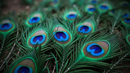 Obraz premium Macro Shot of Water Droplets on the Shimmering Tail Feathers of a Peacock