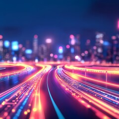 Vibrant city lights and moving traffic lanes.