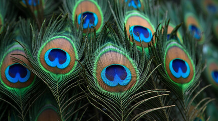Obraz premium Macro Shot of Water Droplets on the Shimmering Tail Feathers of a Peacock