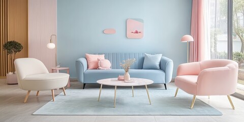 Interior design living room featuring light blue and pink decor
