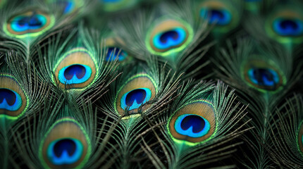 Obraz premium Macro Shot of Water Droplets on the Shimmering Tail Feathers of a Peacock
