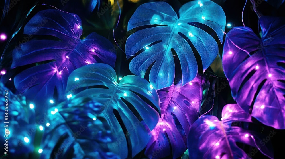 Poster colored leaves lit by tiny lights make an artistic image