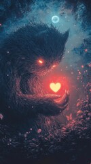 A large furry creature holding a glowing heart in the forest