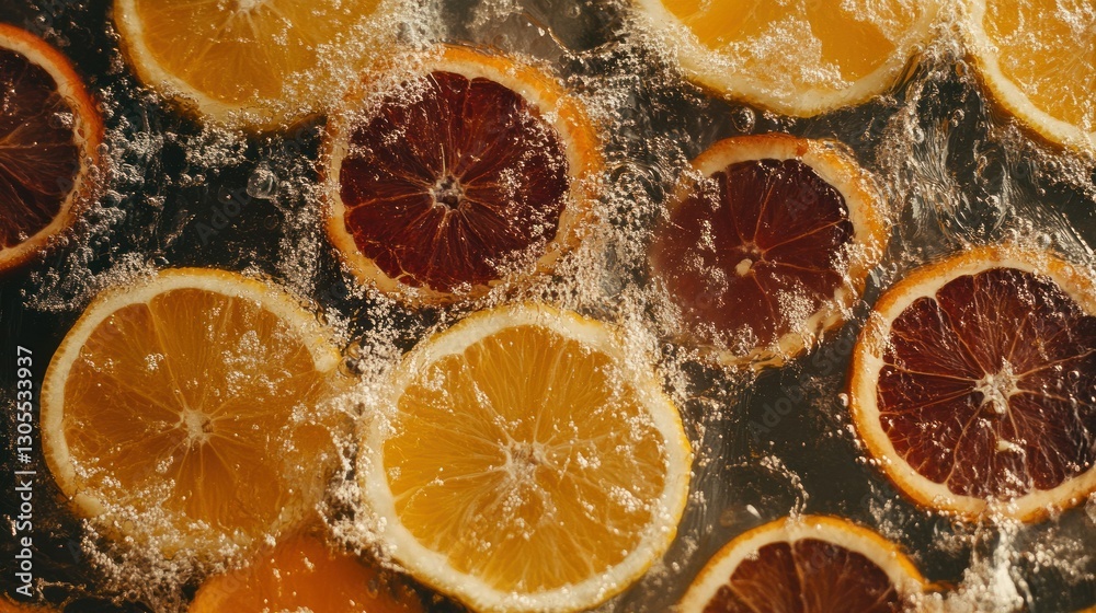 Poster sliced oranges and blood oranges floating in clear water