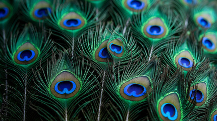 Obraz premium Macro Shot of Water Droplets on the Shimmering Tail Feathers of a Peacock