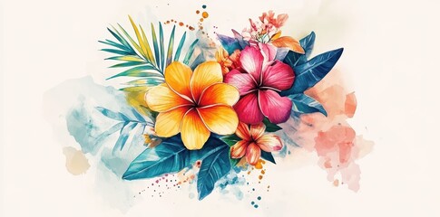 Beautiful Watercolor Depiction of Tropical Flowers and Lush Greenery