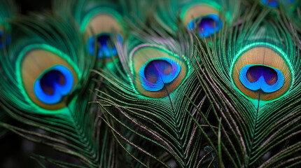 Obraz premium Macro Shot of Water Droplets on the Shimmering Tail Feathers of a Peacock