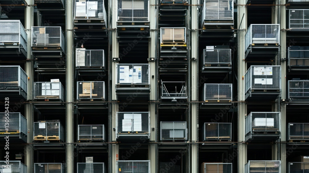 Aufkleber a storage structure containing many rectangular metal caged containers