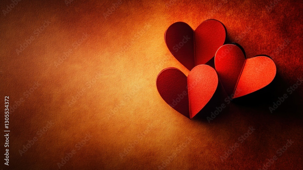 Poster Three red paper hearts rest on an orange gradient background