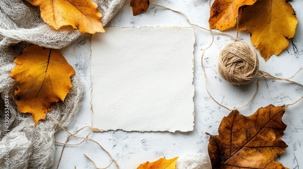 Poster autumn leaves are arranged around a blank paper on a table