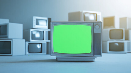3d rendering of one big old television in front of a set of aged classical TVs, white clean atmosphere background, news template
