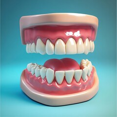 Unique sculpture featuring oversized teeth and a heart in a playful arrangement on a bright blue background