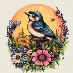 A Colorful Blue Bird Perched Amongst Bright Flowers and Butterflies