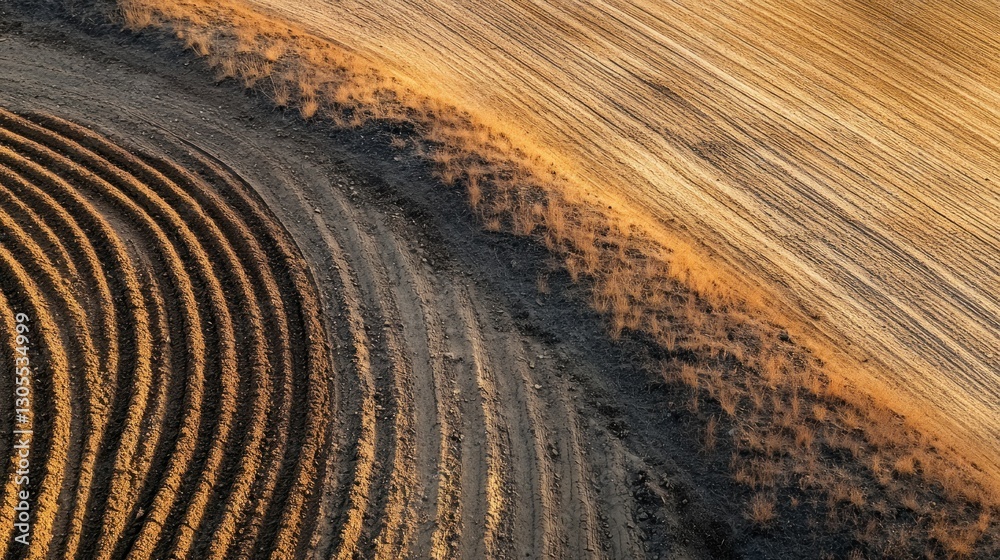 Poster a farm field displays rows and lines of earth textures